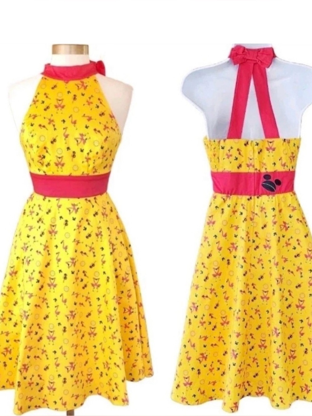 DISNEY Parks Dress Shop Flamingo Run Retro Halter Dress Sz XL Yellow Pink Pinup